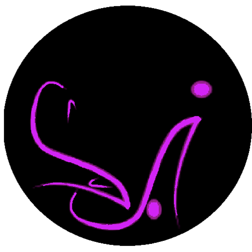 Abstract logo design featuring stylized purple letters on a black background.