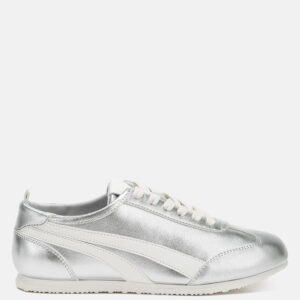 Silver metallic lace-up sneakers with white accents and a low-profile design.