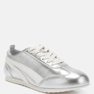 Silver metallic lace-up sneakers with white accents and a low-profile design.