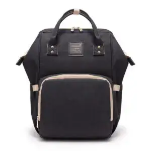Black backpack featuring a front zippered pocket and dual top handles.