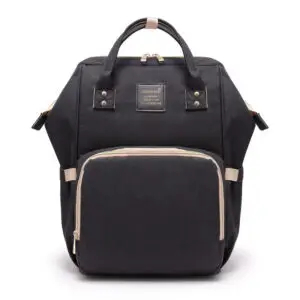 Black backpack featuring a front zippered pocket and top handles for carrying.