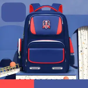 A blue and red school backpack with multiple compartments and a logo on the front.