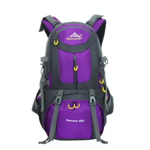 Purple hiking backpack featuring multiple compartments and adjustable straps for carrying gear.