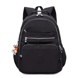 Black backpack featuring multiple compartments and a keychain accessory.