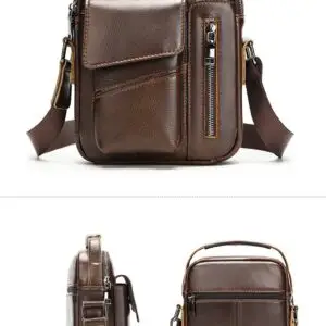 Brown leather crossbody bag with multiple compartments and an adjustable strap.
