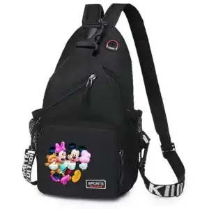 Black sling backpack featuring cartoon characters Mickey Mouse, Minnie Mouse, and a teddy bear on the front.