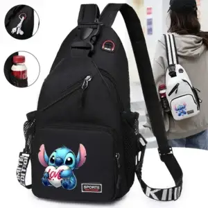 Black sling backpack featuring a Stitch character design on the front pocket.