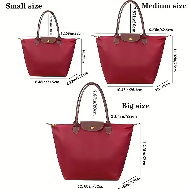 Comparison of small, medium, and big red tote bags with measurements. Size comparison of a red tote bag in small, medium, and big dimensions with measurements.