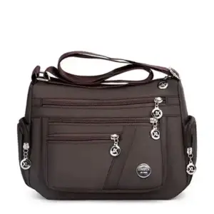 Brown shoulder bag featuring multiple zippered pockets and a detachable strap.
