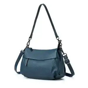 A blue leather shoulder bag with a single adjustable strap and zipper closure.