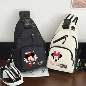 Two sling bags featuring Mickey Mouse and Minnie Mouse designs in black and white colors.