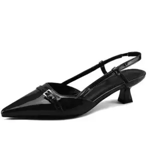 Black patent leather slingback heels with a pointed toe and a small block heel.