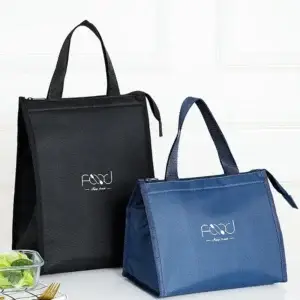 Two insulated lunch bags, one black and one navy, with handles and zippers.