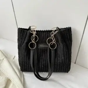 Black ribbed handbag featuring gold chain accents and dual handles.