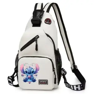 White sling backpack featuring a colorful Stitch character design on the front pocket.