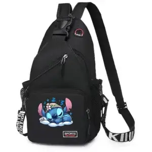 Black sling backpack featuring a cartoon character design of a blue creature sleeping with a floral headband.