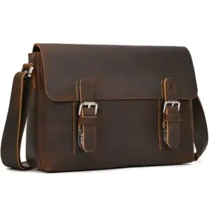 Brown leather messenger bag featuring two buckle closures and an adjustable shoulder strap.