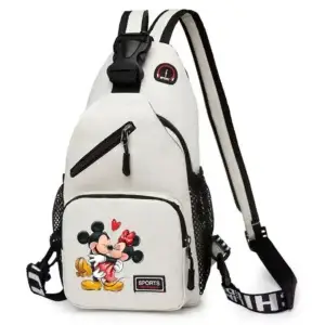 White sling backpack featuring a graphic of Mickey and Minnie Mouse in a loving pose.