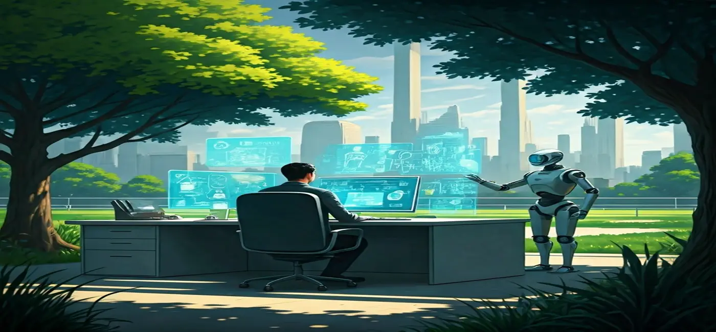 A person seated at a desk using a computer while a robot assistant stands nearby in a park-like setting.