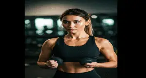 Woman with long hair wearing a black sports top holding dumbbells in a gym setting.